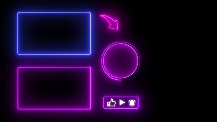 Neon end screen. Subscribe button and outro for gaming and video channels  Subscribe, like, share, comment video animation on neon space background.