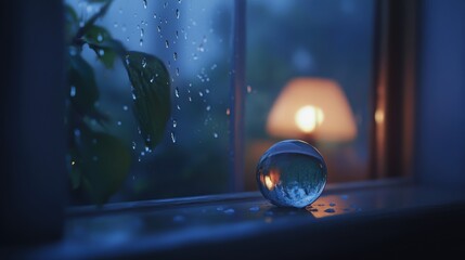A glass ball sits on a windowsill, reflecting the warm glow of a lamp and the soft light of a rainy night.