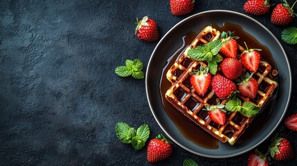 Waffles, strawberries, syrup, mint, dark background, food photography, recipe