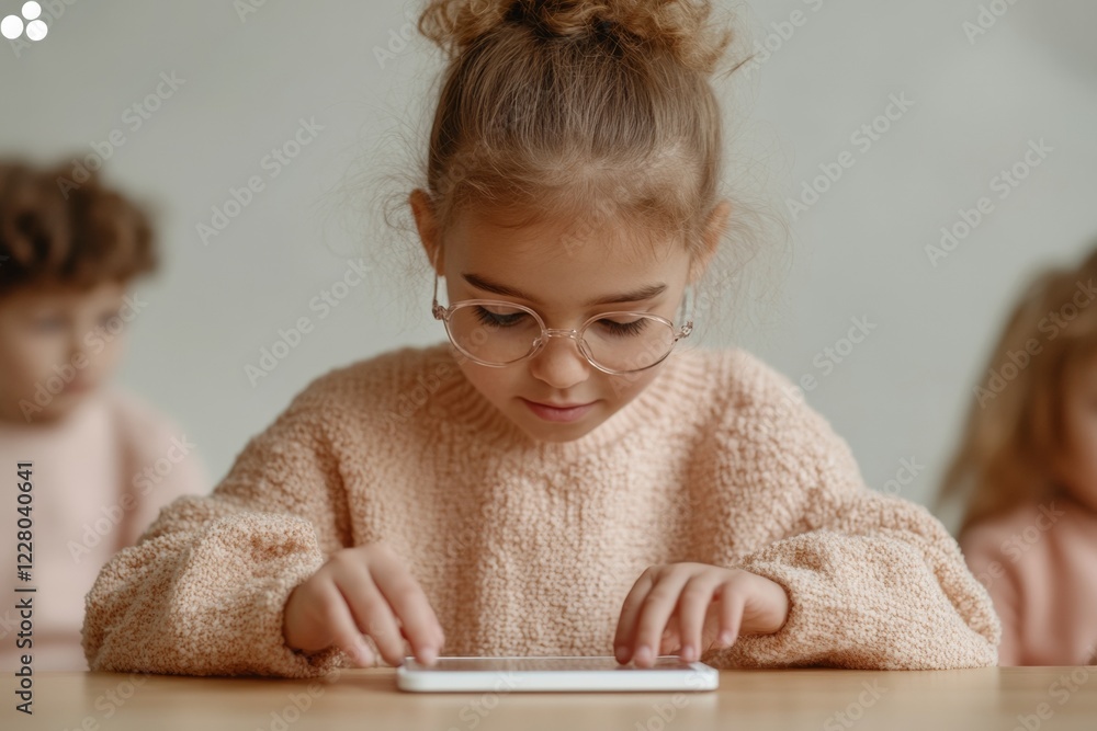 Poster warm neutral learning space young girl using educational tablet with textured sweater - modern inclu
