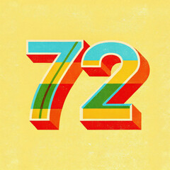 3d colorful painting symbol  seventy two, 72, on yellow background, isolated.