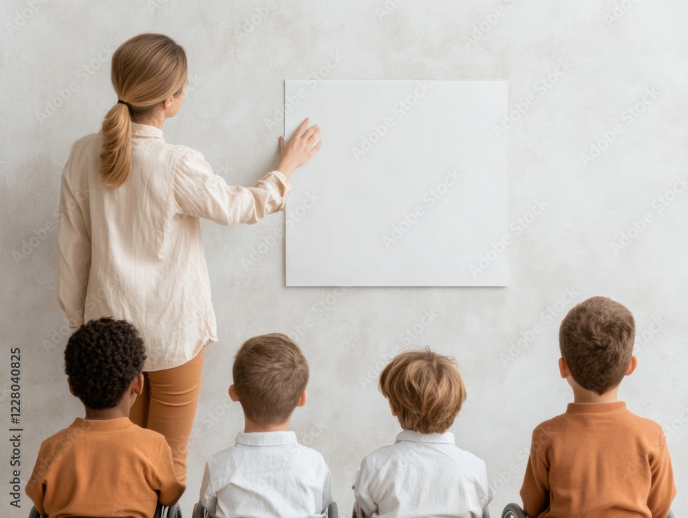 Poster warm minimalist learning space latina educator engages diverse children at textured whiteboard - inc