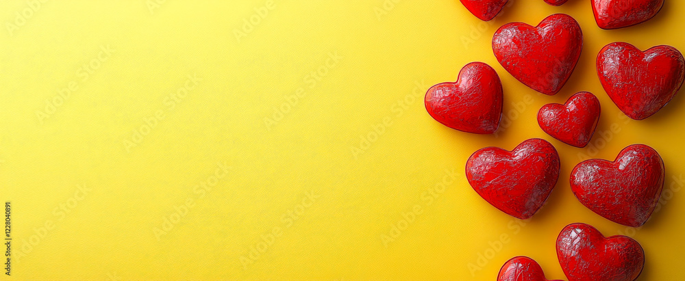 Poster a yellow background with a row of red hearts. the hearts are arranged in a row and are all facing th