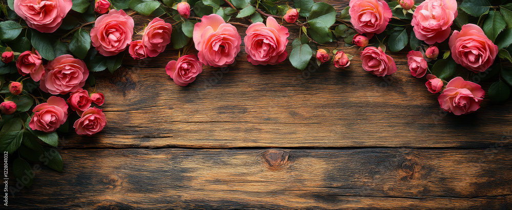 Aufkleber a wooden background with a bunch of red roses on it. the roses are arranged in a way that they are o