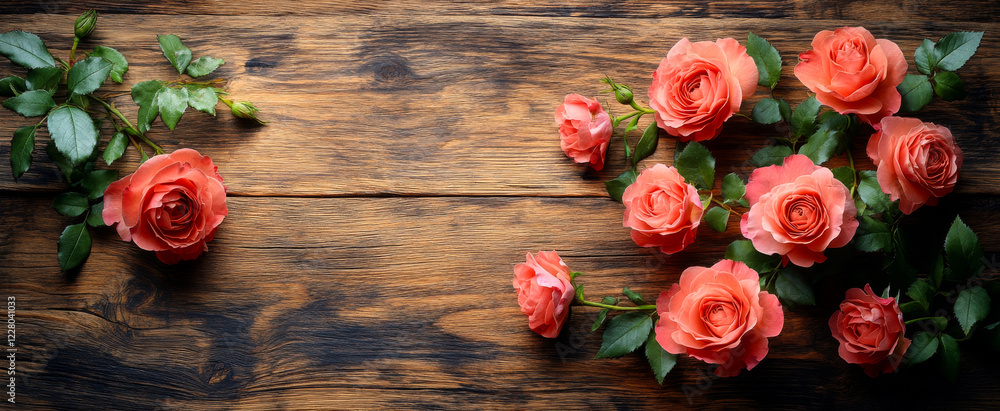 Poster a wooden background with a bunch of red roses on it. the roses are arranged in a way that they are n