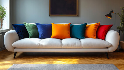 A couch with colorful pillows and a black lamp in the corner. The couch is white and has a black frame