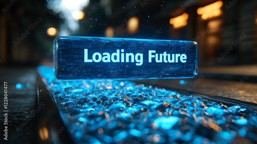 Poster glowing neon blue futuristic progress bar hovering in mid air with loading future text