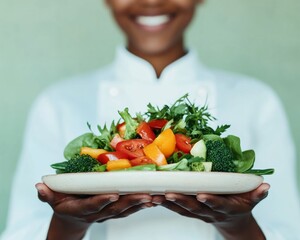 Vibrant School Nutrition Chefs Fresh Vegetable Stir-Fry on Ceramic Platter - Enhancing Educational Wellness and School Cafeteria Eco-Initiatives