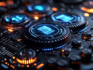 Metallic Progress Bar on Futuristic High Tech Control Panel with Glowing Gears
