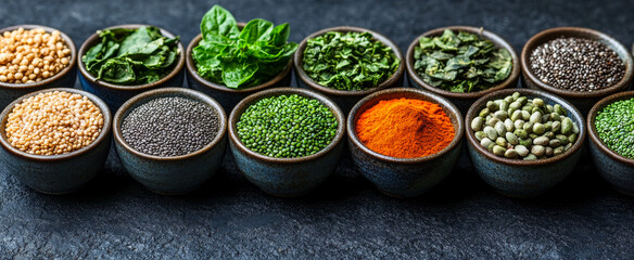A row of bowls filled with various spices and herbs. The bowls are arranged in a line, with some of them containing more spices than others. The spices include cumin, parsley, and basil