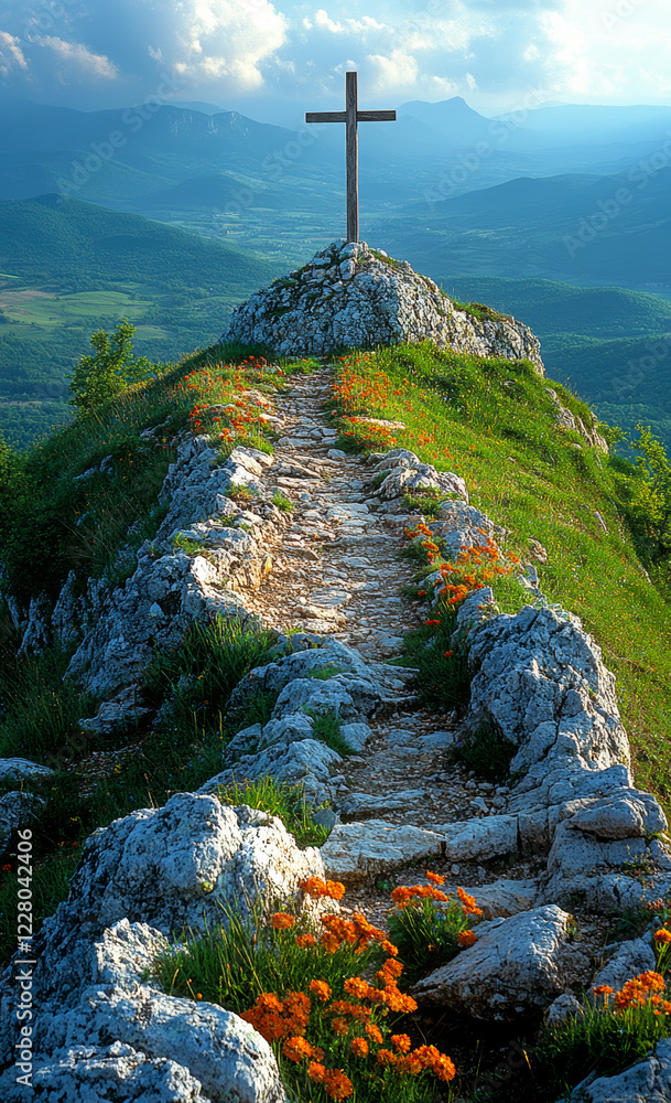 Poster a mountain with a cross on top and a path leading to it. the path is surrounded by rocks and flowers