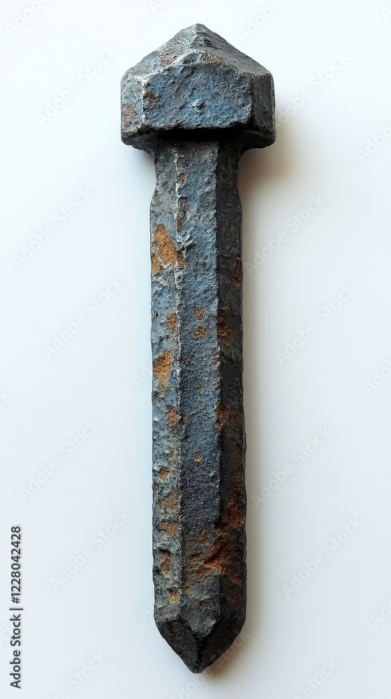 Poster a rusty metal spike with a pointed end and hexagonal head.