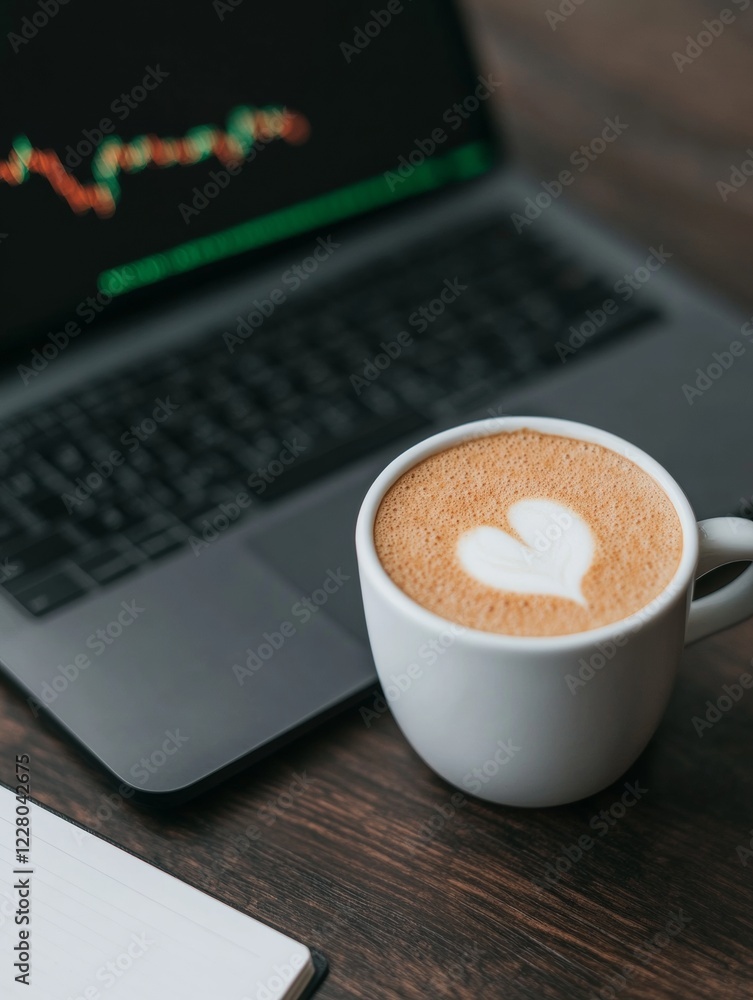 Poster Minimalist Workspace with Laptop Displaying Real-Time Stock Data Wooden Desk Setup with Coffee for Modern Investment Strategy and Digital Trading Insights