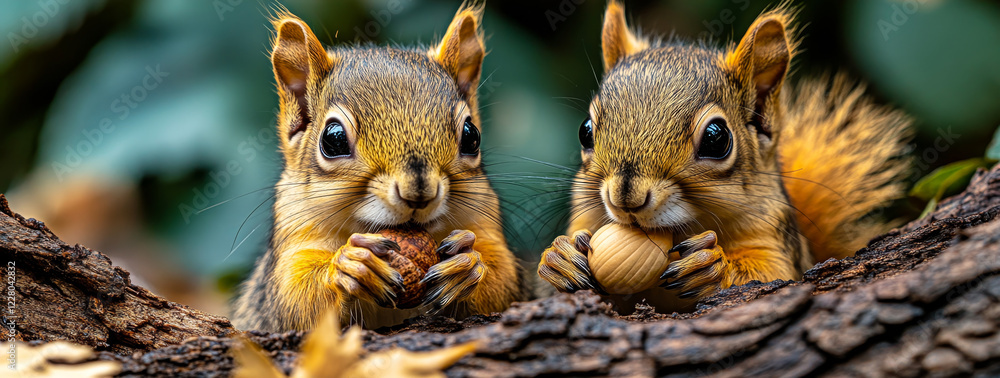 Poster two squirrels are eating an acorn on a tree branch. the squirrels are small and cute