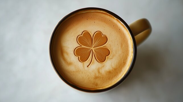 Top view of a cup of Irish coffee with a leaf clover on a white background, St. Patricks Day
