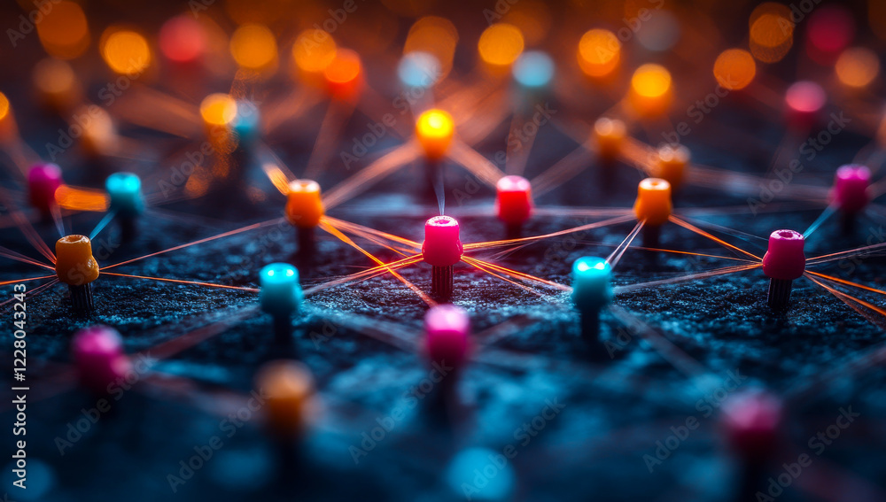 Poster a colorful image of many small red and orange pins arranged in a grid. concept of interconnectedness