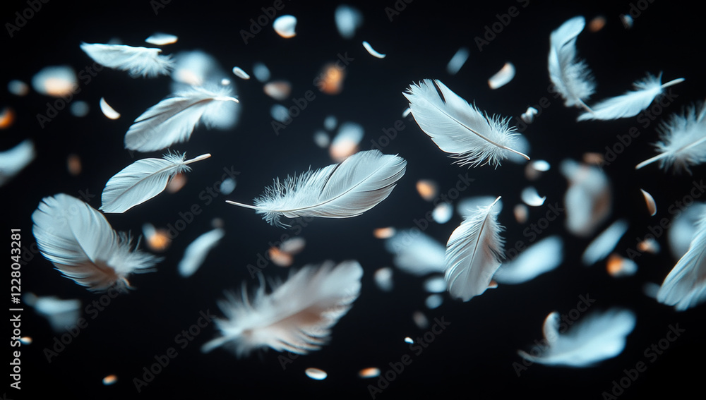 Poster a flock of white feathers floating in the air, creating a sense of freedom and lightness. the feathe