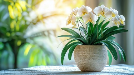 White orchids potted, sunny windowsill, floral background, home decor