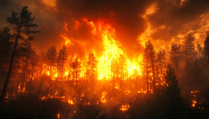 Fototapeta premium A forest fire is raging through a wooded area, with trees and brush burning in the flames. The sky is dark and ominous, and the fire is spreading rapidly. Scene is one of danger and destruction