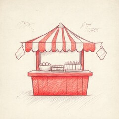 Red striped market stall, outdoors, selling food and drinks