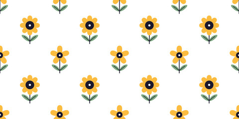 Vector kids seamless pattern with abstract flowers in flat design. Cute baby botany design on white background. Wrapping paper or fabric design. Kawaii flower seamless pattern.