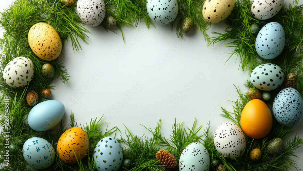 Aufkleber a wreath of eggs with a white background. the eggs are of different colors and sizes, and they are a
