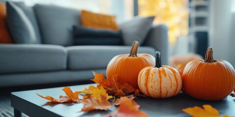 Autumn decoration with pumpkins on table and leaf-strewn ground.