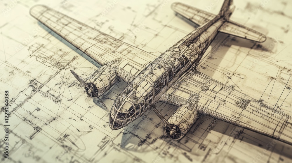 Aufkleber Technical blueprints showcasing detailed design of a vintage airplane with intricate features and measurements. Generative AI