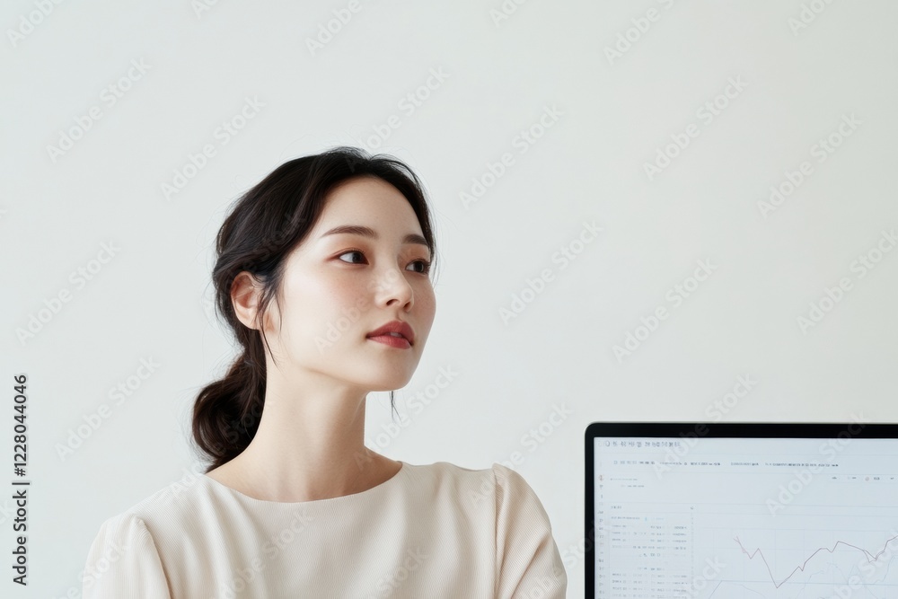 Aufkleber minimalist digital finance workspace modern desktop with automated tax software; korean woman analyz