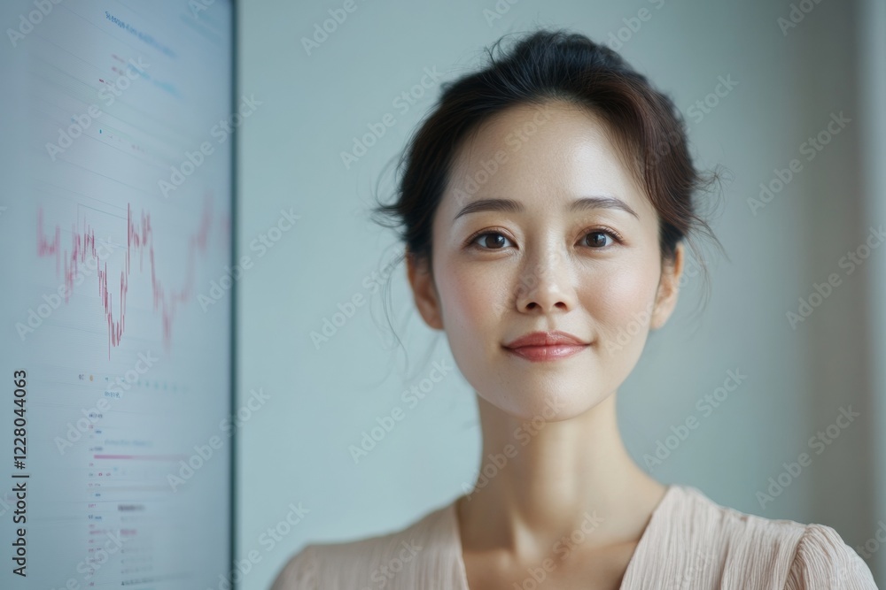 Poster digital finance elegance korean professional analyzing financial data on sleek monitor in serene off