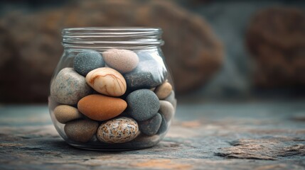 A glass jar filled with various colored pebbles sits on a stone surface.