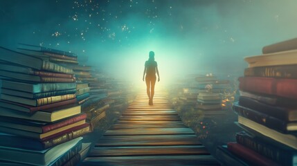 A conceptual image of a person walking on a path made of books towards a glowing future, Path to knowledge scene, Conceptual style