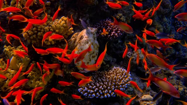 Lyretail Anthias schooling around a  flatfish on a vibrant coral reef.