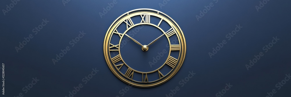 Poster Elegant golden clock with Roman numerals on a deep blue background showcasing timeless craftsmanship and design. Generative AI