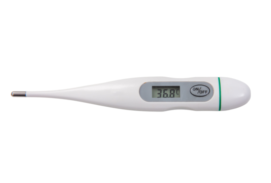 Medical digital thermometer, isolated on white, transparent. Body temperature measurement, health care. 