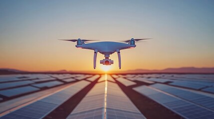 Drone Surveying Solar Panel Farm at Sunset for Renewable Energy Efficiency