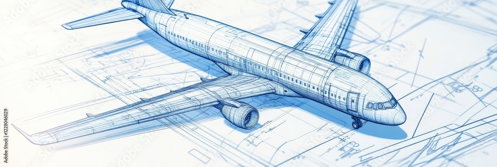 Poster detailed technical blueprints illustrate the design and engineering of an airplane in a workspace se