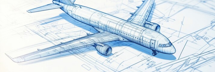 Detailed technical blueprints illustrate the design and engineering of an airplane in a workspace setting. Generative AI