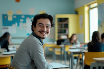 Fototapeta premium A young adult male teacher is sitting in the front of a classroom, smiling at the camera. He's wearing casual attire suitable for teaching, and the room has educational materials on desks.