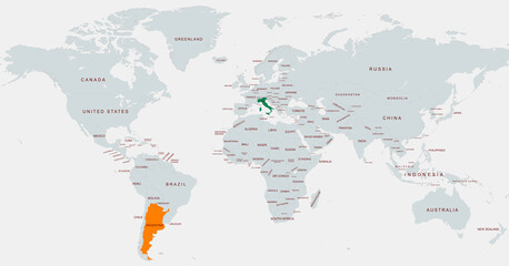 Highlighted World Map Featuring Argentina and Italy Locations Marked
