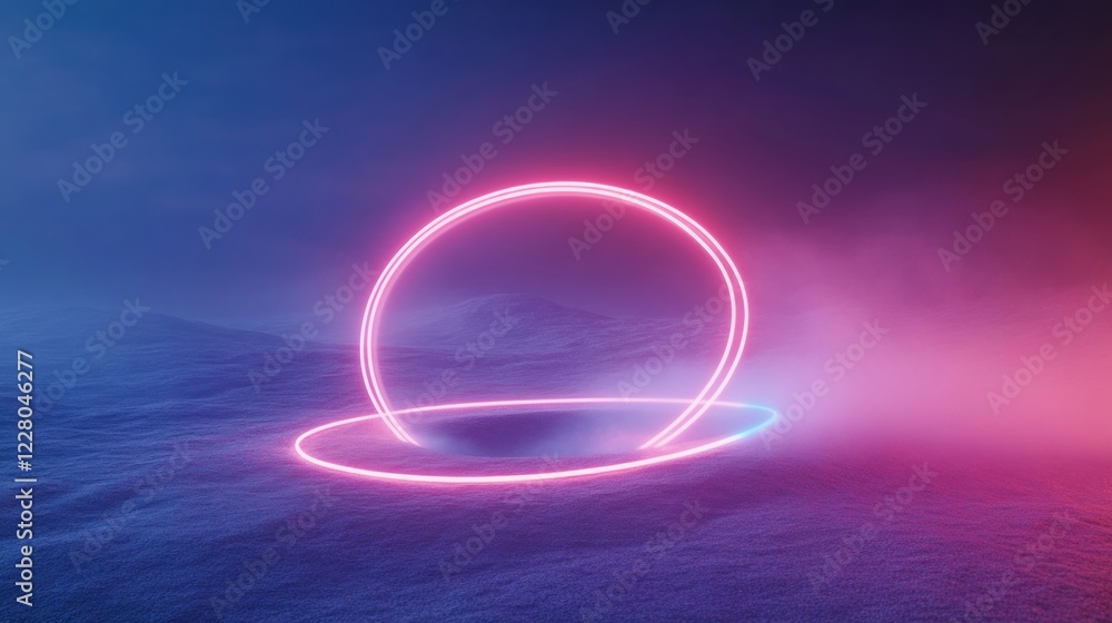 Poster futuristic neon circle on misty terrain vibrant light trails for ai innovation and digital connectiv