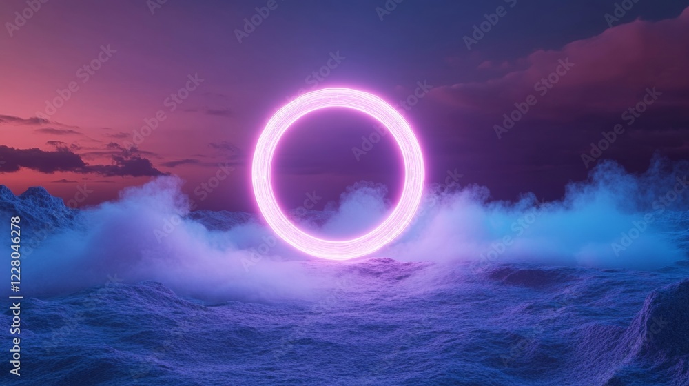 Poster Neon AI Circle Vibrant Light Trails on Digital Terrain - Futuristic Tech Art for Dynamic Branding and Innovation in Design