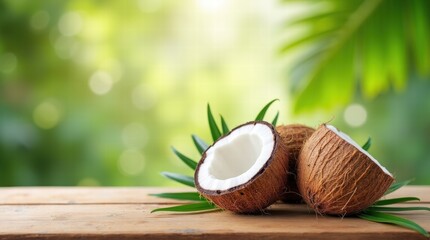 Fresh Coconut Halves on Wooden Table with Tropical Background