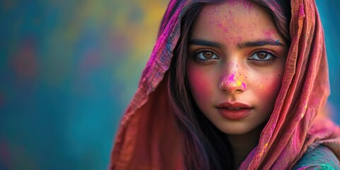 Vibrant woman wearing traditional red sari and veil, adorned with colorful Holi festival face paint, looking at the camera during a lively outdoor celebration of Indian culture.