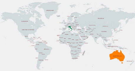 Highlighted World Map Featuring australia and Italy Locations Marked