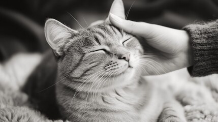 A charming scene of a cat being affectionately petted by someone's hand.