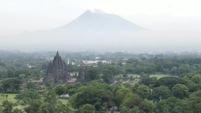 exotic aerial view of prambanan temple in yogyakarta indonesia, as a cultural heritage with the majestic mount merapi as the backdrop
