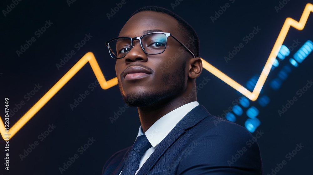 Poster dynamic financial analysis with digital data visualization confident black businessman in navy suit 