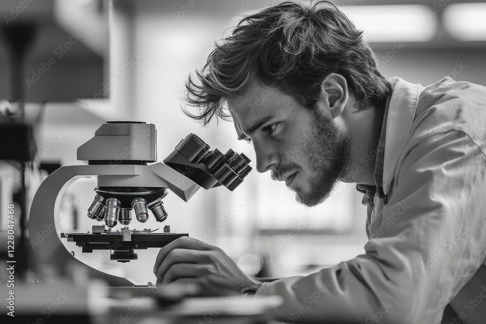 Poster a focused scientist meticulously examines a sample under a high-powered microscope in a laboratory s