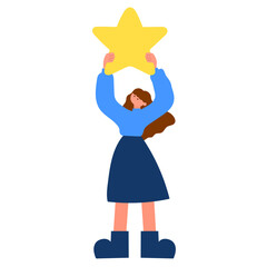 Young woman holding a golden star above her head, symbolizing achievement, success, and goal accomplishment, flat vector illustration